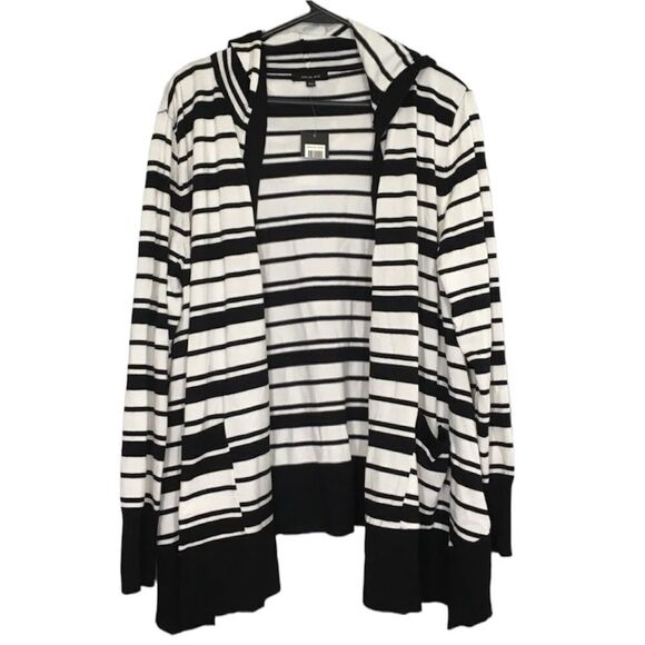 VERVE AMI STRIPPED KNIT OPEN FRONT LONG SLEEVE HOODIE CARDIGAN NWT POCKETS L NWT - Picture 1 of 12